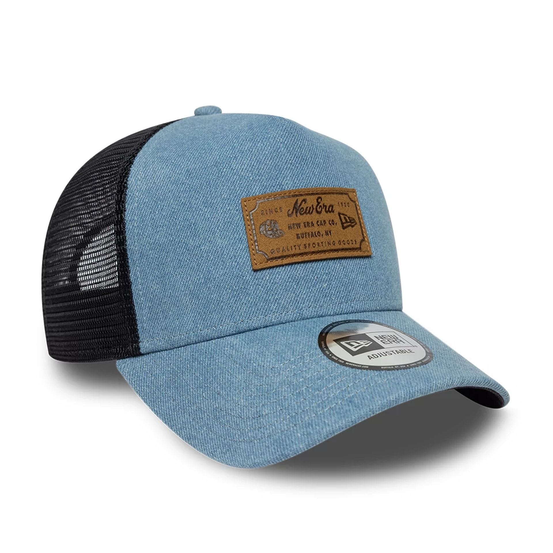 Pictured is this New Era Leather Patch Denim 9FORTY A-Frame Trucker cap in navy. 3
