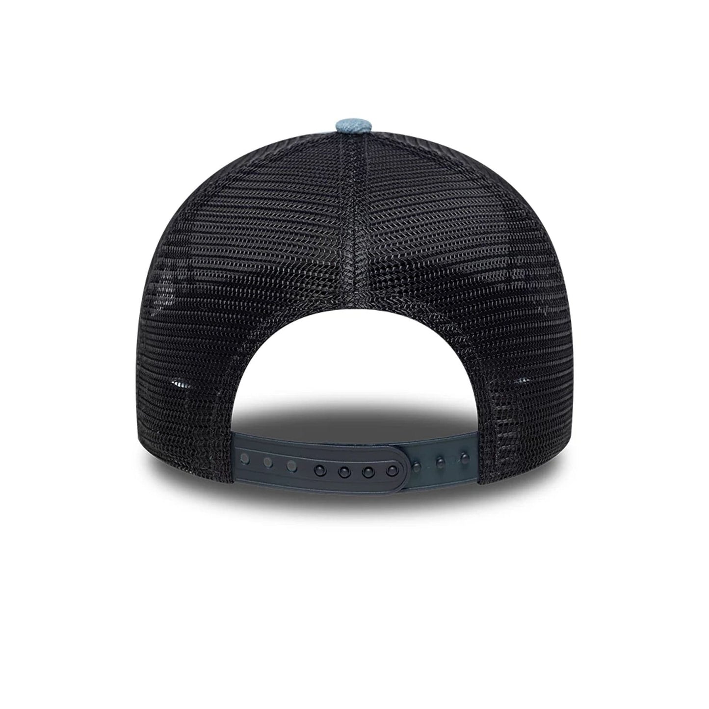 Pictured is this New Era Leather Patch Denim 9FORTY A-Frame Trucker cap in navy. 4