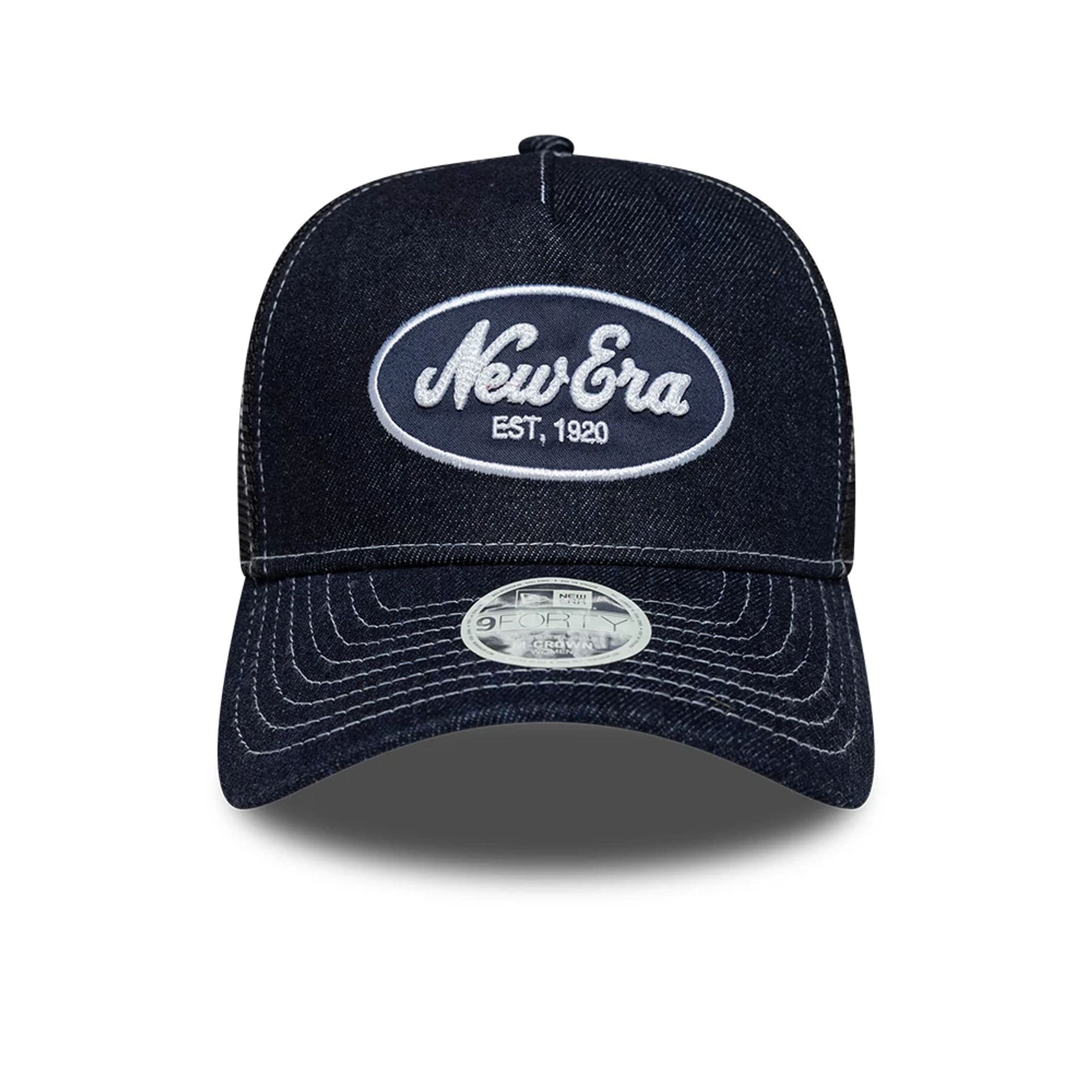 Pictured is this Womens New Era Denim 9FORTY M-Crown A-Frame Trucker cap in navy. 2