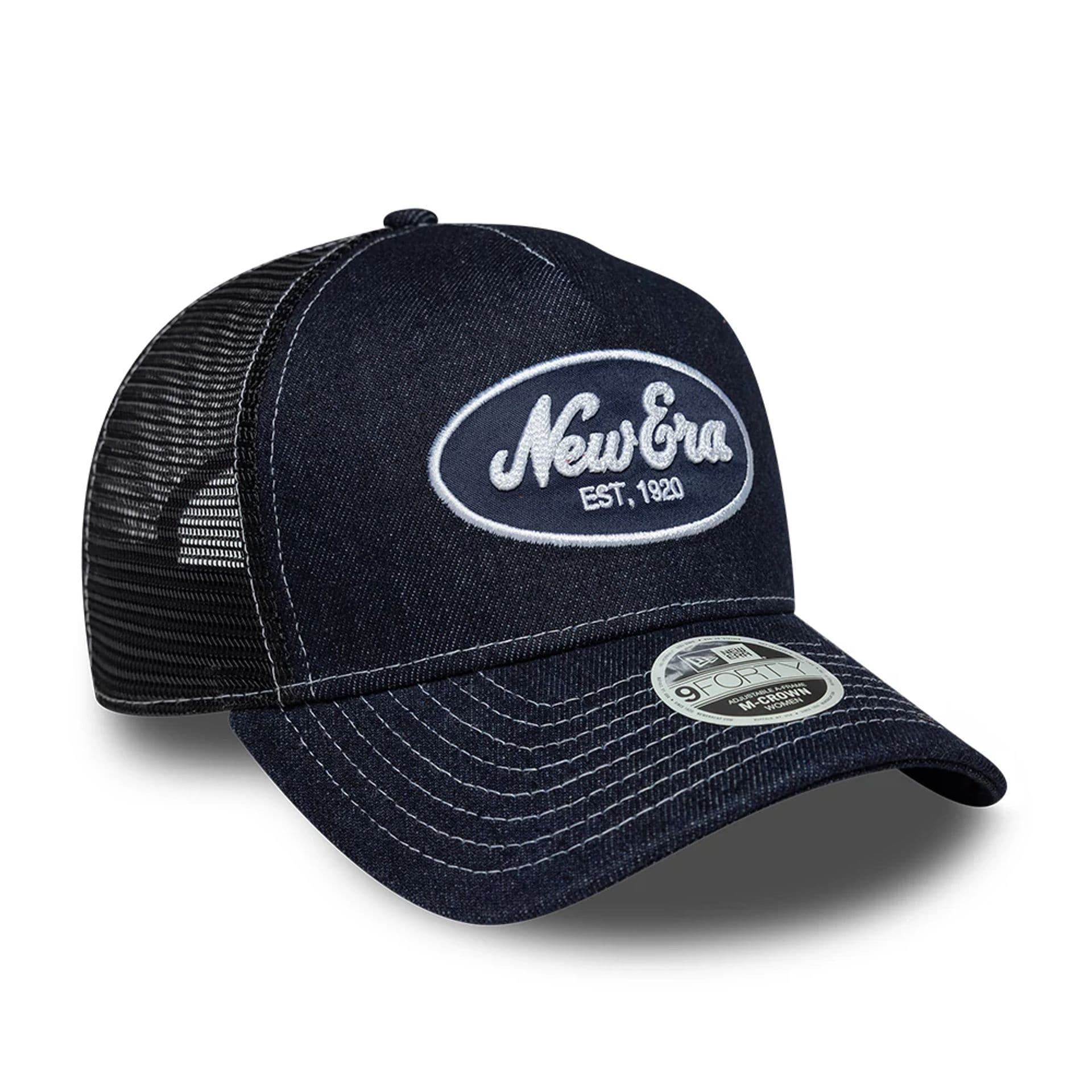 Pictured is this Womens New Era Denim 9FORTY M-Crown A-Frame Trucker cap in navy. 3