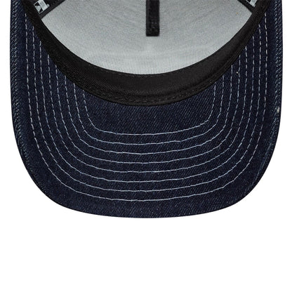 Pictured is this Womens New Era Denim 9FORTY M-Crown A-Frame Trucker cap in navy. 5