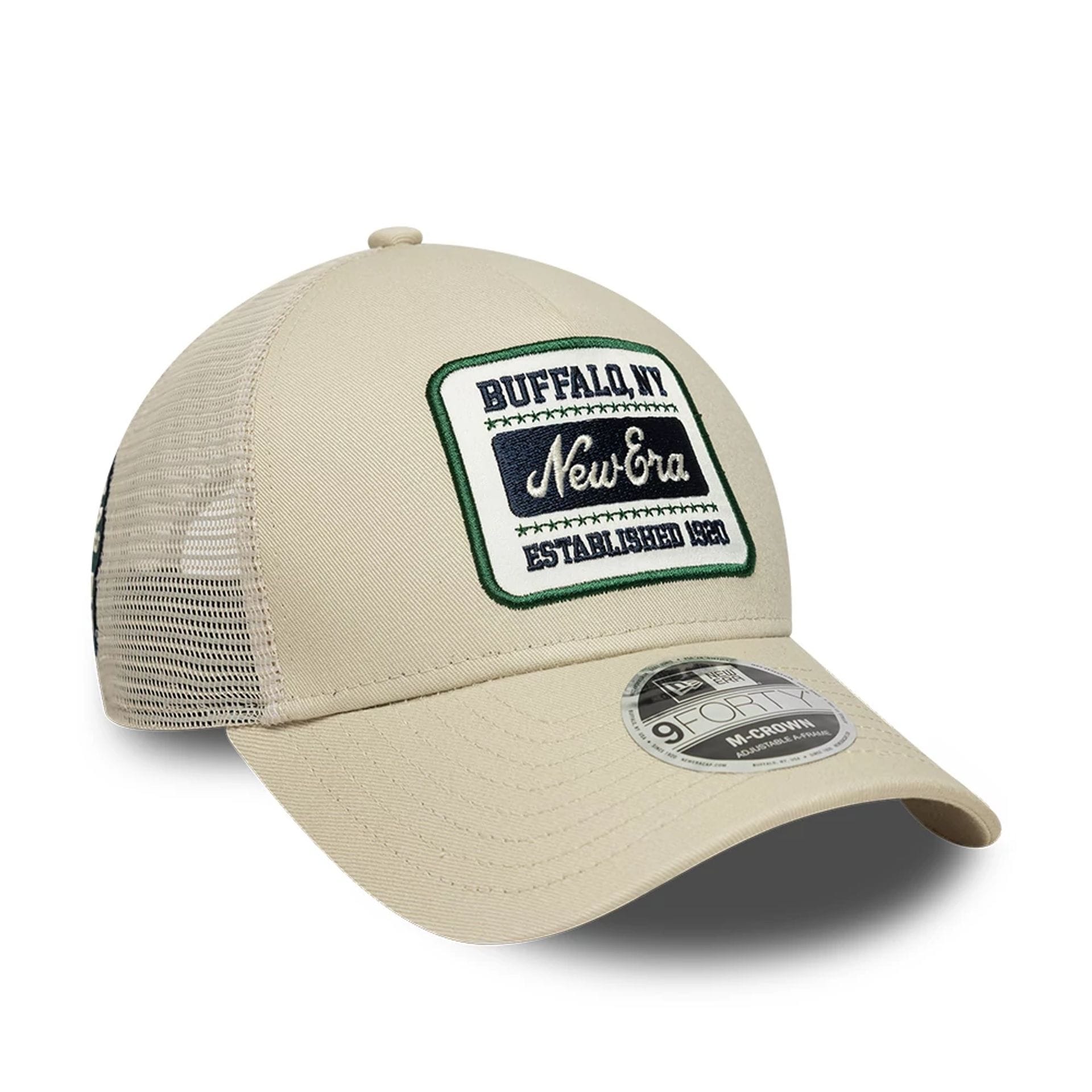 Pictured is this New Era Multi Patch 9FORTY M-Crown A-Frame cap in Cream. 4