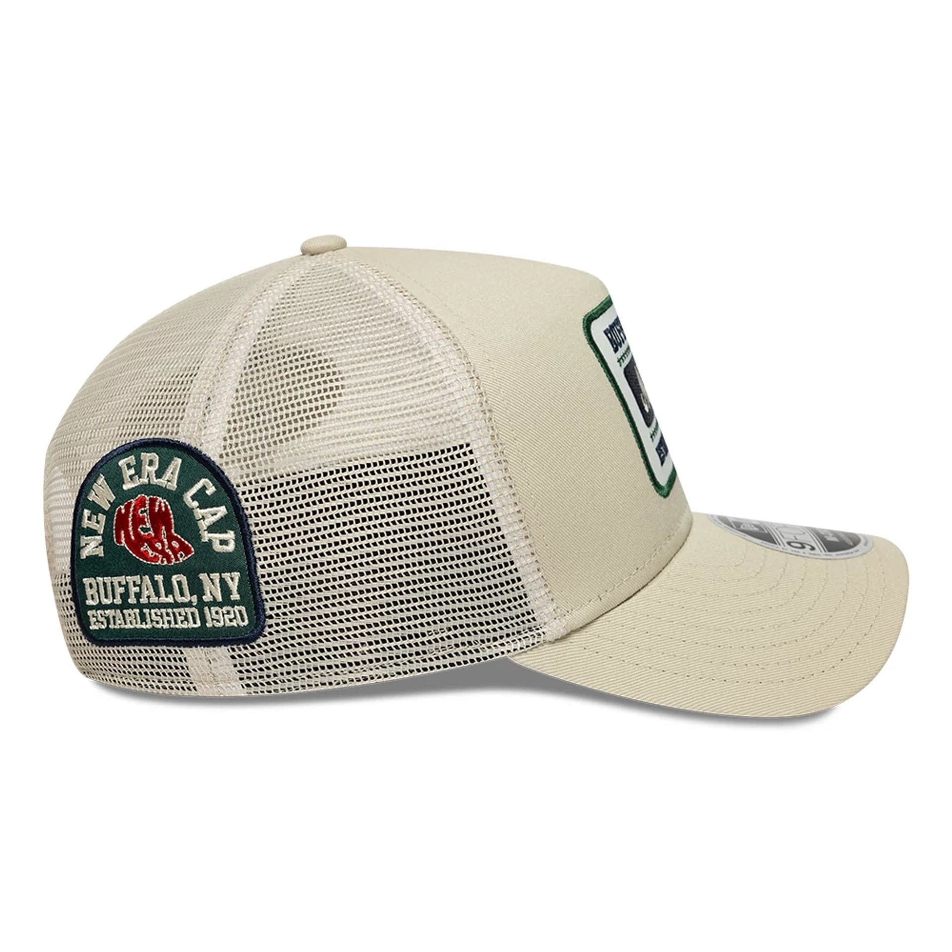 Pictured is this New Era Multi Patch 9FORTY M-Crown A-Frame cap in Cream. 6