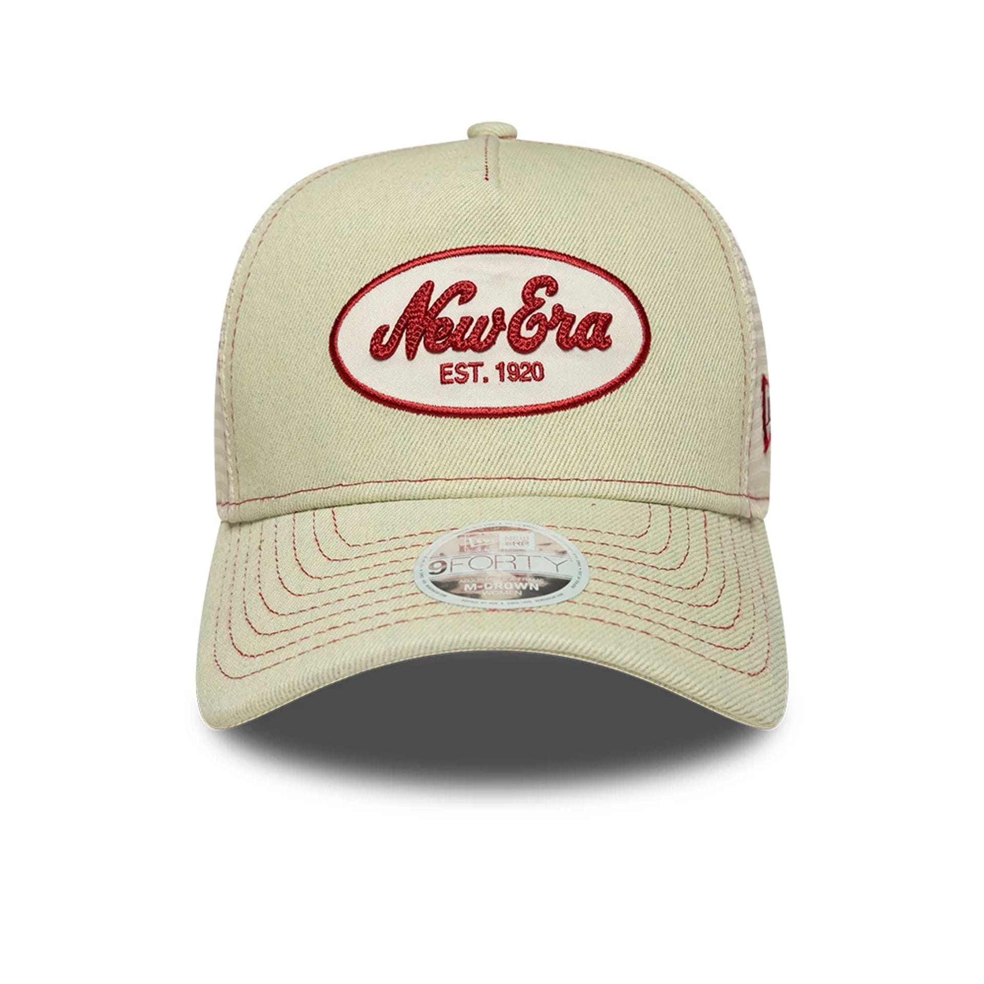 Pictured is this Womens New Era 9FORTY M-Crown A-Frame Trucker cap in Cream. 2