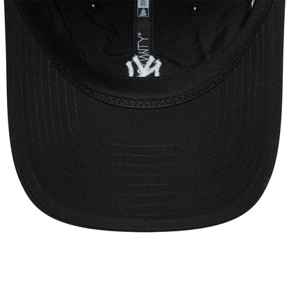 New York Yankees MLB Recycled Black New Era 9TWENTY Adjustable Cap, inside view showing the New York Yankees logo on the black undervisor, black sweatband, and black taping with New Era branding along the inner seams.