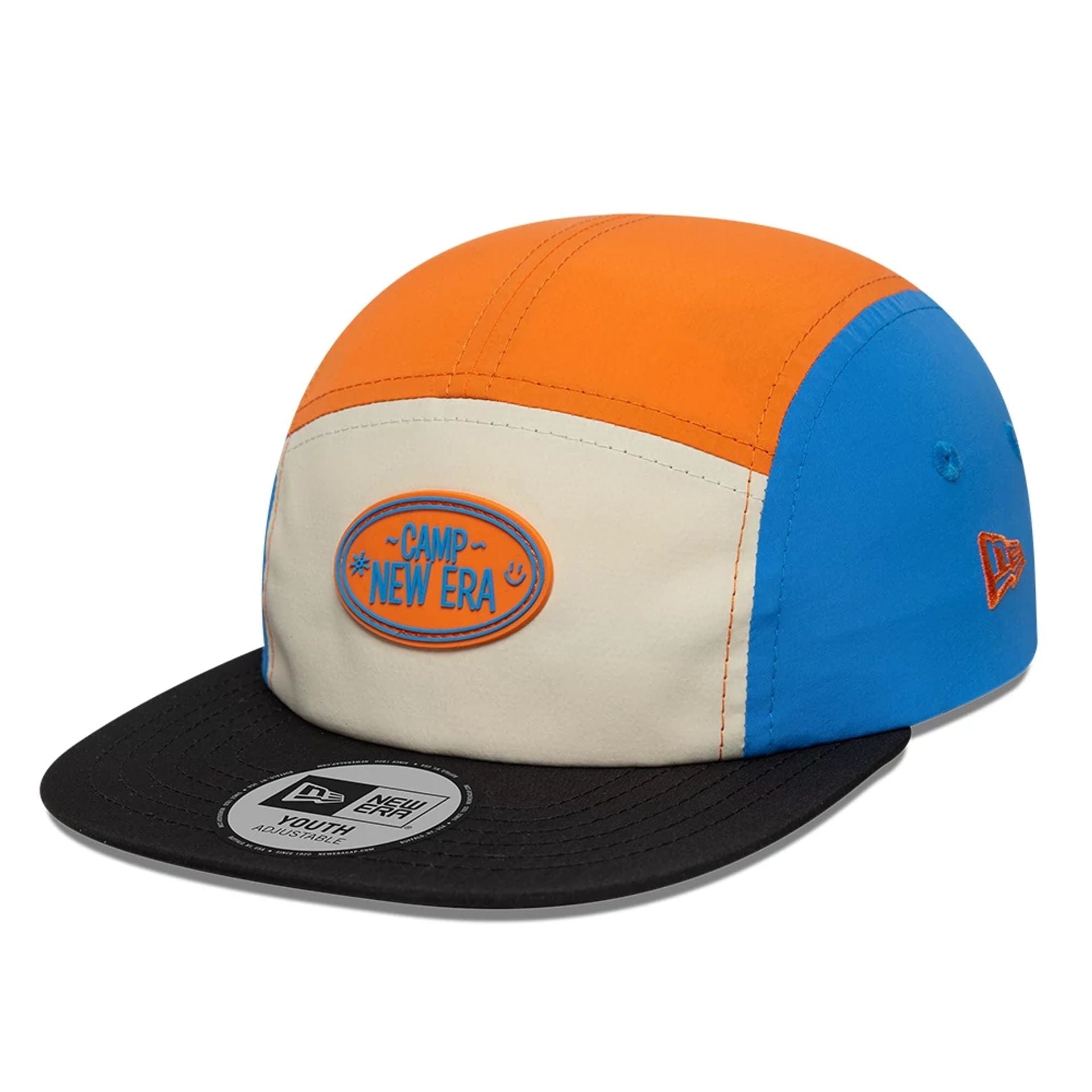 Pictured is this Youth New Era Colourblock Camper cap in light beige. 1