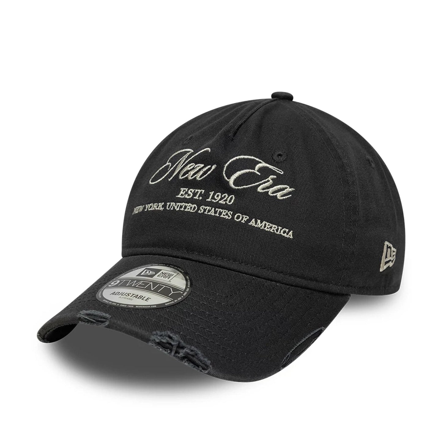 Pictured is this New Era Wash Distress 9TWENTY A-Frame cap in charcoal. 1
