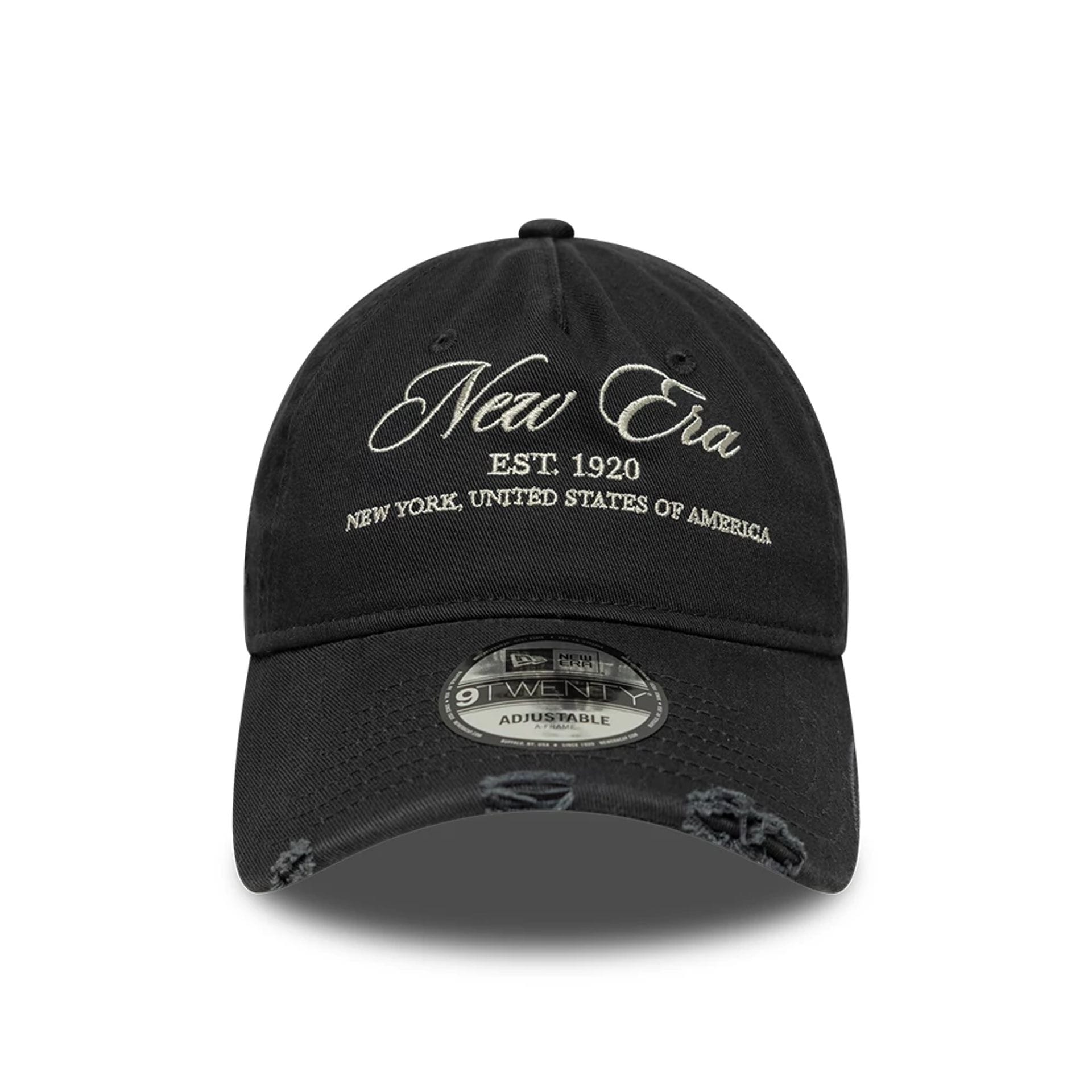 Pictured is this New Era Wash Distress 9TWENTY A-Frame cap in charcoal. 2