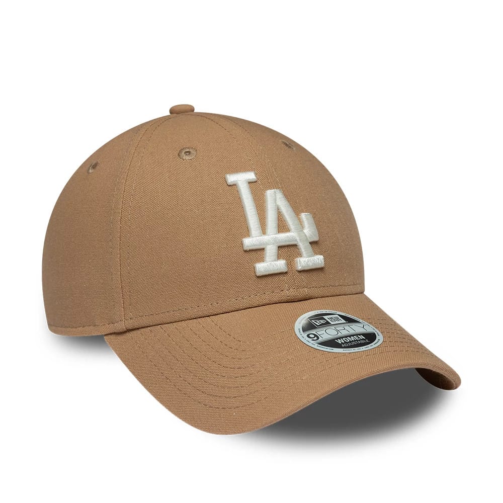 Pictured is this Womens MLB Linen LA Dodgers 9FORTY cap in Dark Beige. 3
