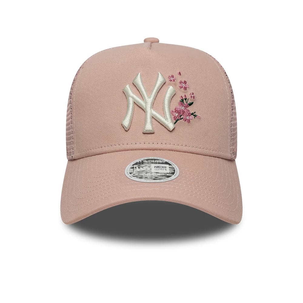 Pictured is this Womens MLB Floral New York Yankees 9FORTY A-Frame Trucker cap in pastel pink. 2