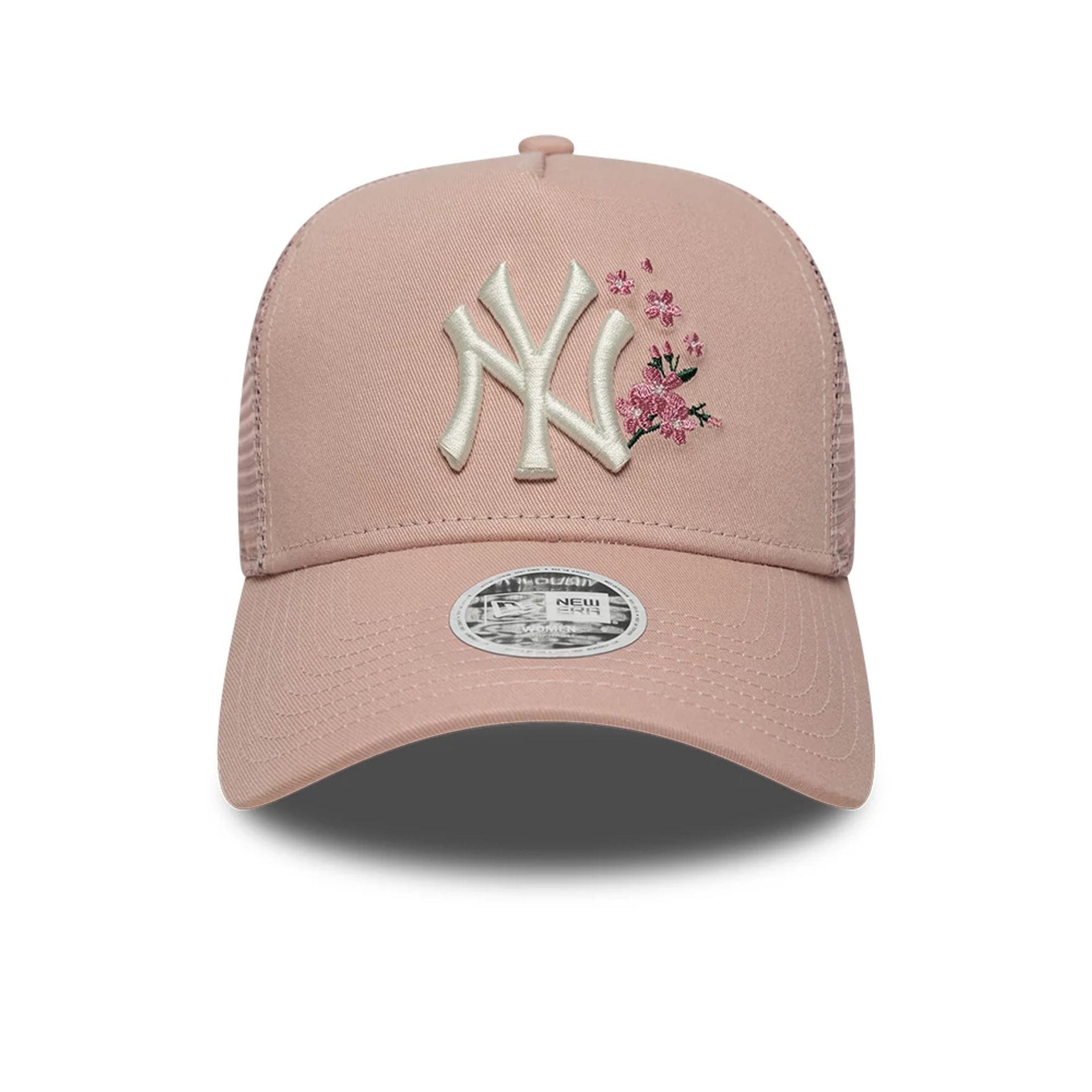 Pictured is this Womens MLB Floral New York Yankees 9FORTY A-Frame Trucker cap in pastel pink. 2