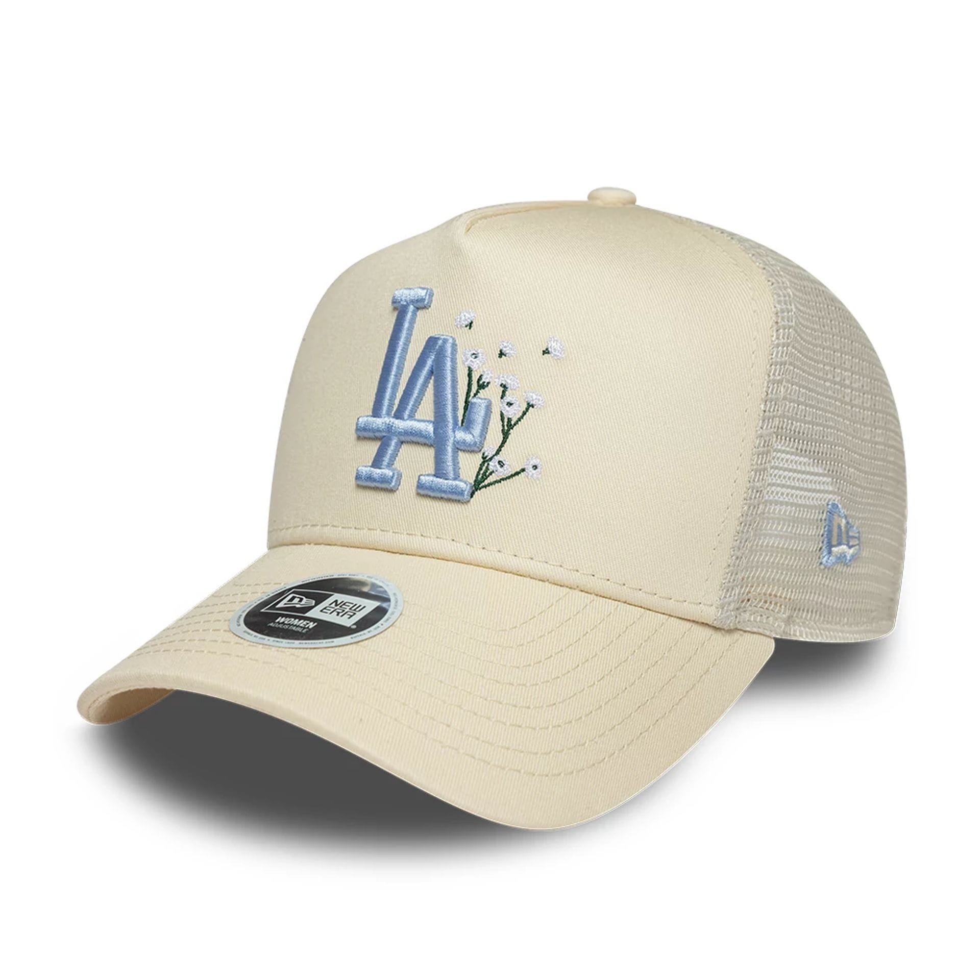 Pictured is this Womens MLB Floral LA Dodgers 9FORTY A-Frame Trucker cap in light beige. 1