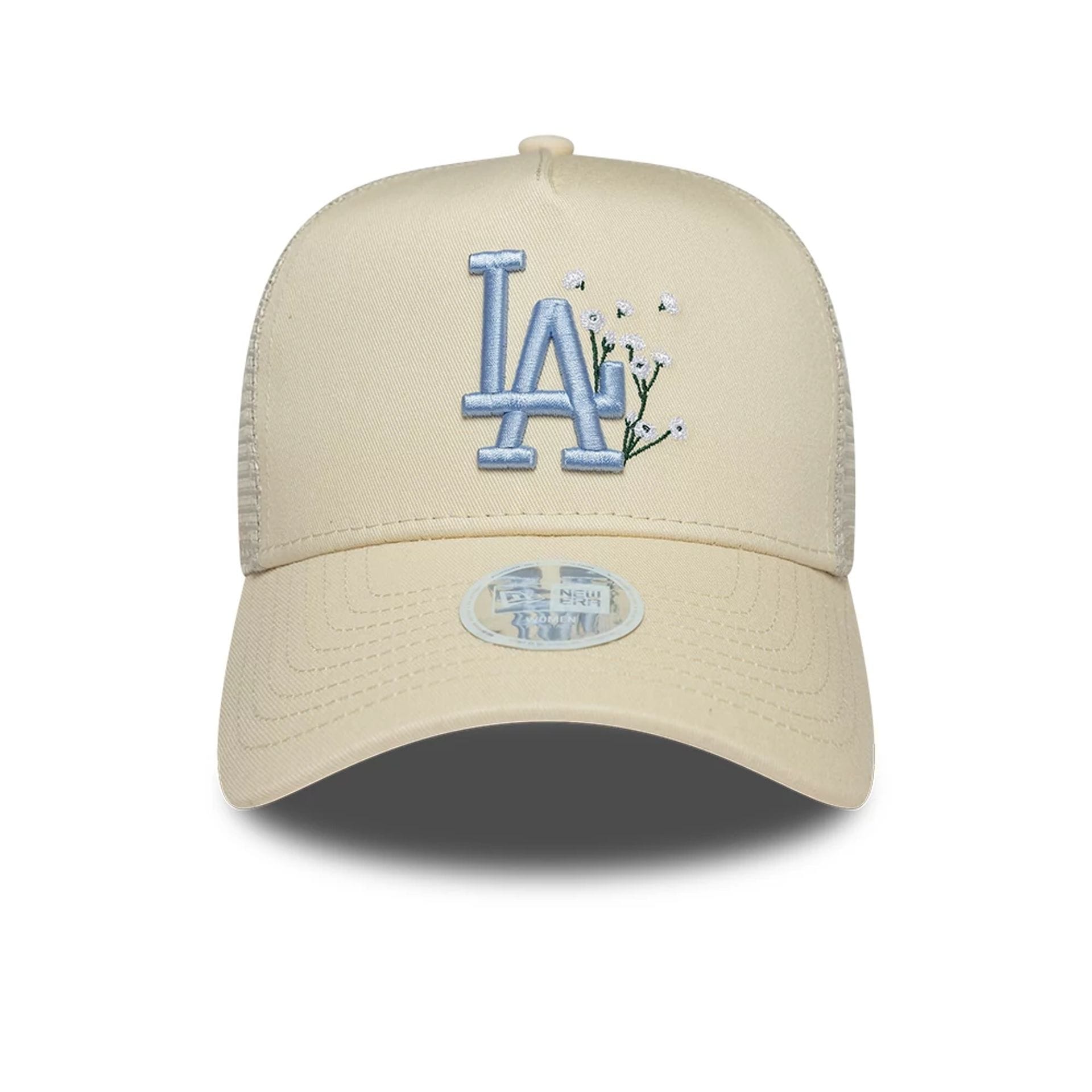 Pictured is this Womens MLB Floral LA Dodgers 9FORTY A-Frame Trucker cap in light beige. 2
