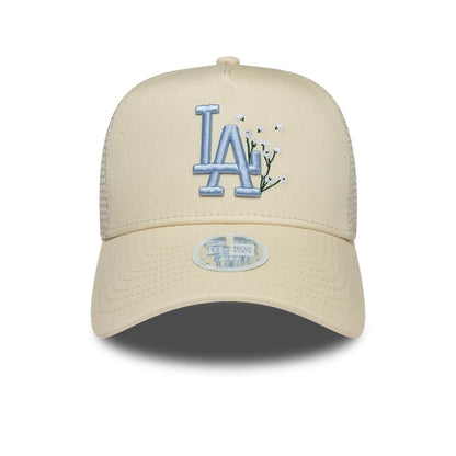 Pictured is this Womens MLB Floral LA Dodgers 9FORTY A-Frame Trucker cap in light beige. 2