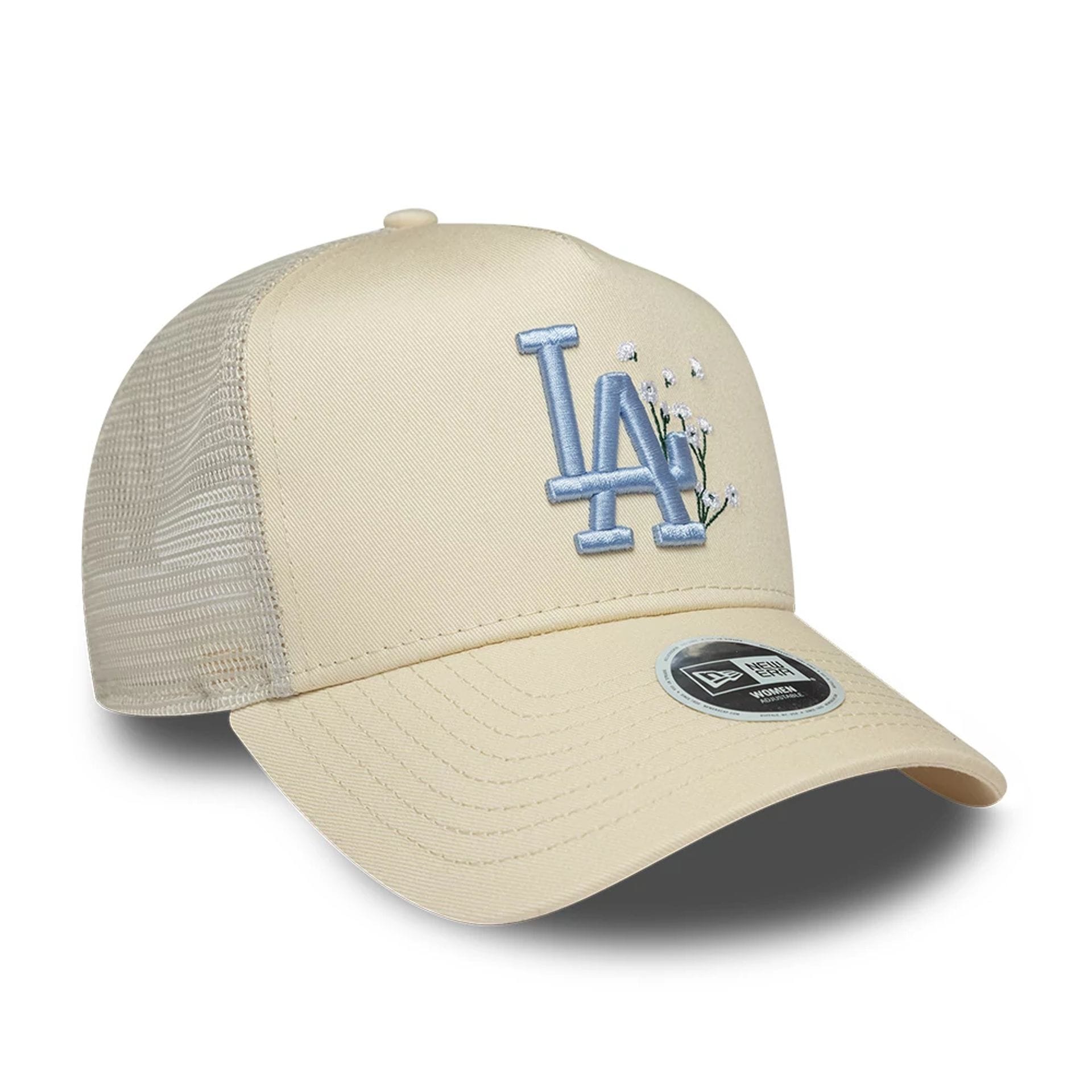 Pictured is this Womens MLB Floral LA Dodgers 9FORTY A-Frame Trucker cap in light beige. 3