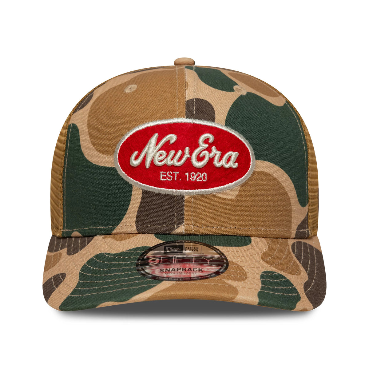 New Era Duck Camo Beige New Era 9FIFTY Snapback Adjustable Cap, front view showing a raised red embroidered New Era logo patch on the centre front panel, brown and green camo pattern throughout, and a 9FIFTY size sticker on the camo visor.