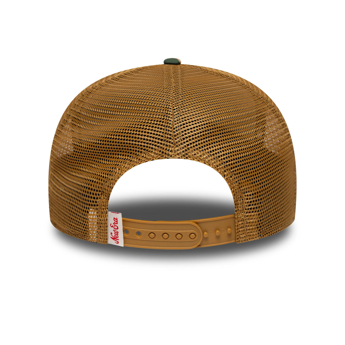 New Era Duck Camo Beige 9FIFTY Snapback Adjustable Cap, rear view showing the open mesh beige crown with a plastic adjustable strap, a green top button, and a contrasting white woven Miller line logo label on one side.