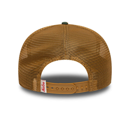 New Era Duck Camo Beige 9FIFTY Snapback Adjustable Cap, rear view showing the open mesh beige crown with a plastic adjustable strap, a green top button, and a contrasting white woven Miller line logo label on one side.