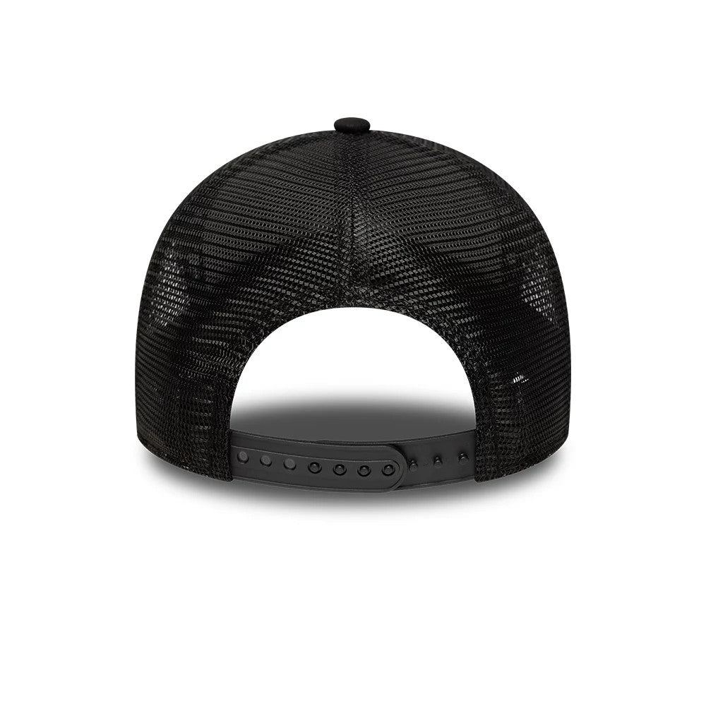 Chicago Bulls NBA Black New Era 9FORTY M-Crown A-Frame Trucker Adjustable Cap, rear view showing the black mesh back panels with a central opening, featuring an adjustable snap closure at the base for a custom fit.