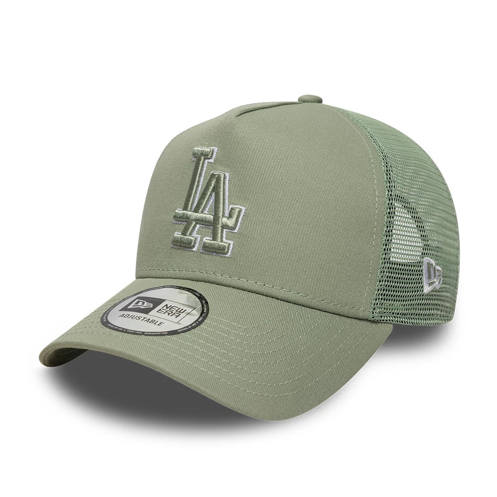 LA Dodgers MLB Outline Pastel Green New Era 9FORTY E-Frame Trucker Adjustable Cap, three-quarter view showing the raised pastel green LA logo on the front panel, mesh side panels, and a curved visor with a 9FORTY size sticker.