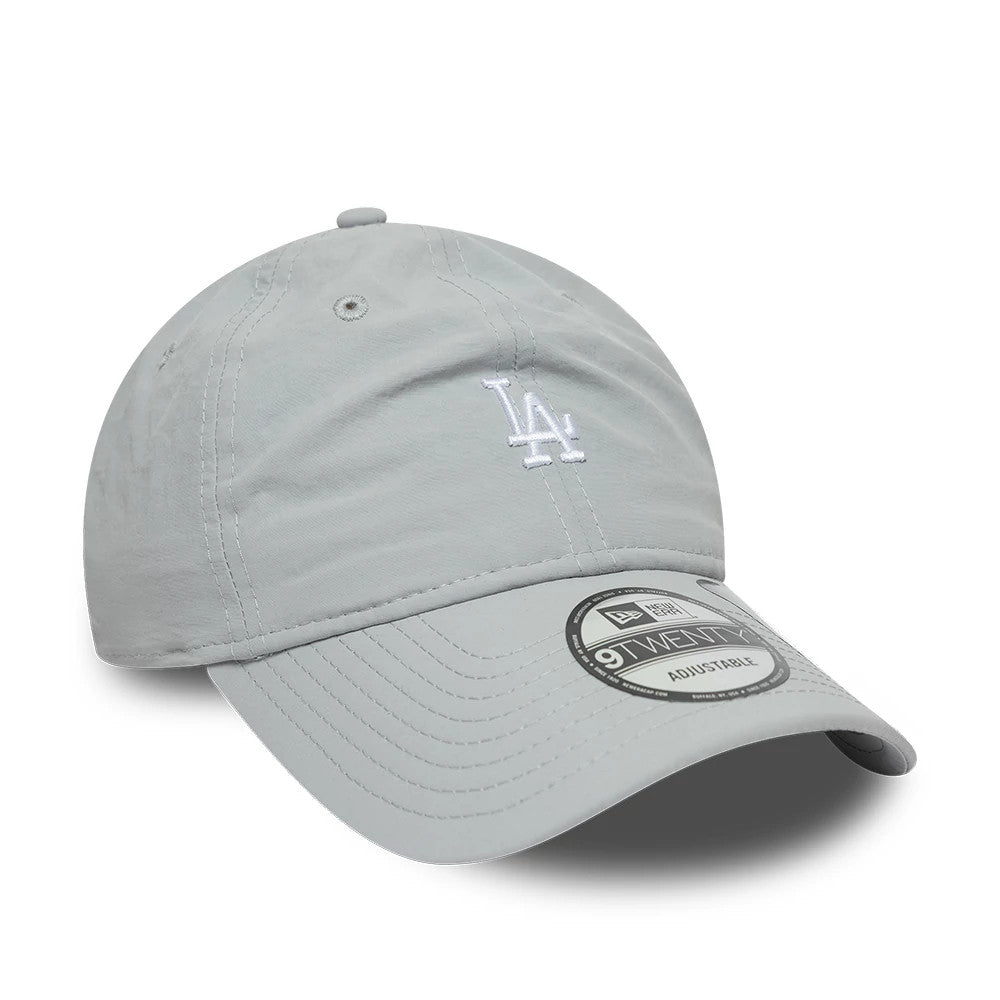 LA Dodgers MLB Recycled Grey New Era 9TWENTY Adjustable Cap, three-quarter view showing the white LA logo embroidered on the front panel, a curved grey visor with a 9TWENTY size sticker, and a matching grey top button.