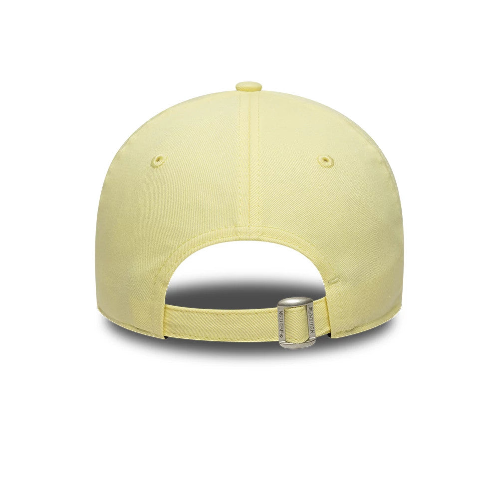 New York Yankees MLB League Essential Pastel Yellow New Era 9TWENTY Adjustable Cap, rear view showing the pastel yellow fabric with embroidered eyelets, a rounded crown shape, and a fabric strap with a slide buckle for size adjustment.