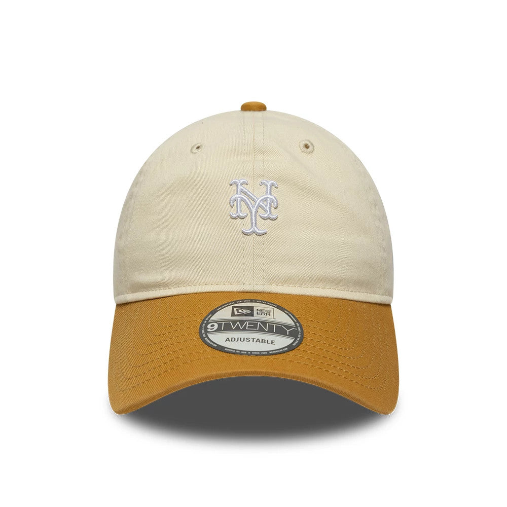 New York Mets MLB Washed Contrast Cream New Era 9TWENTY Adjustable Cap, front view showing the raised white Mets logo embroidered on the crown, with a contrasting mustard visor and a 9TWENTY size sticker on the centre of the visor.