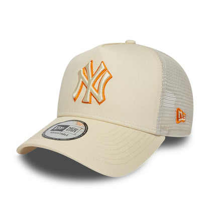 Pictured is this MLB Outline New York Yankees 9FORTY E-Frame Trucker cap in cream. 1