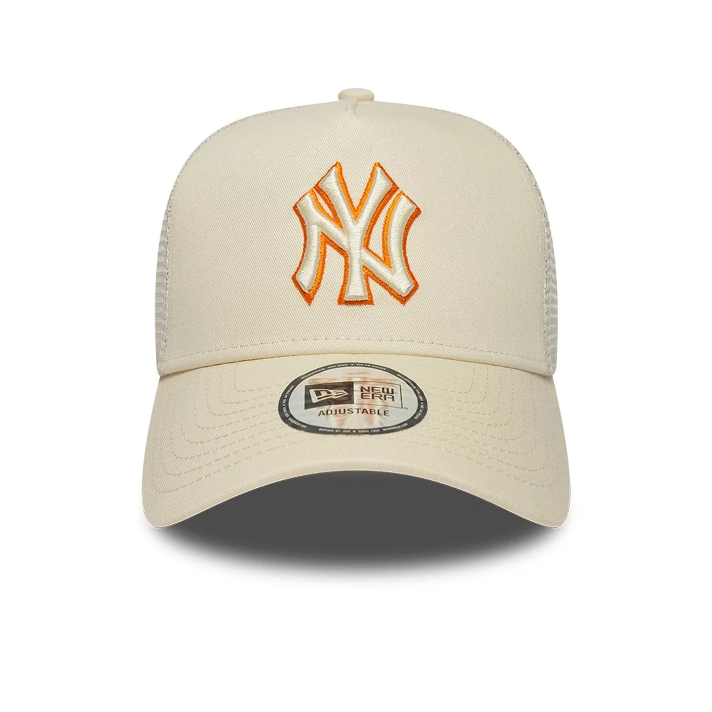 Pictured is this MLB Outline New York Yankees 9FORTY E-Frame Trucker cap in cream. 2