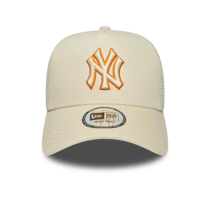 Pictured is this MLB Outline New York Yankees 9FORTY E-Frame Trucker cap in cream. 2