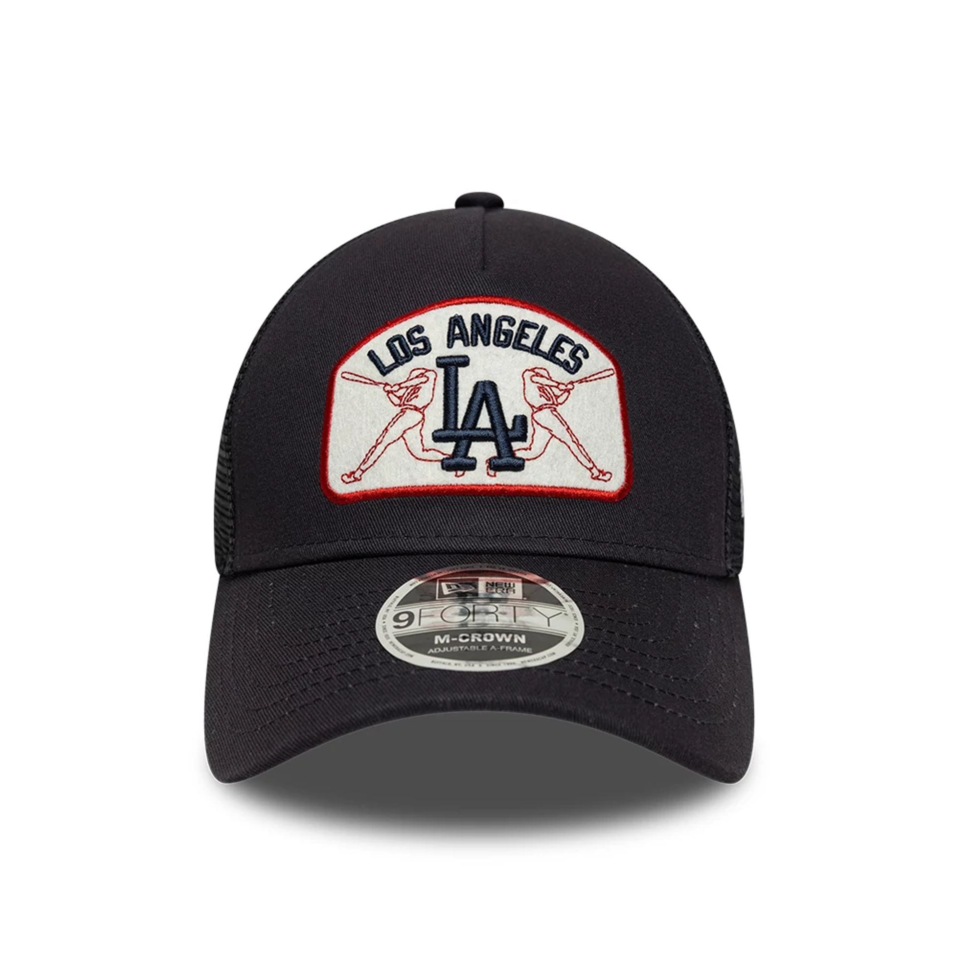 Pictured is this MLB Patch LA Dodgers 9FORTY M-Crown A-Frame Trucker cap in navy. 2