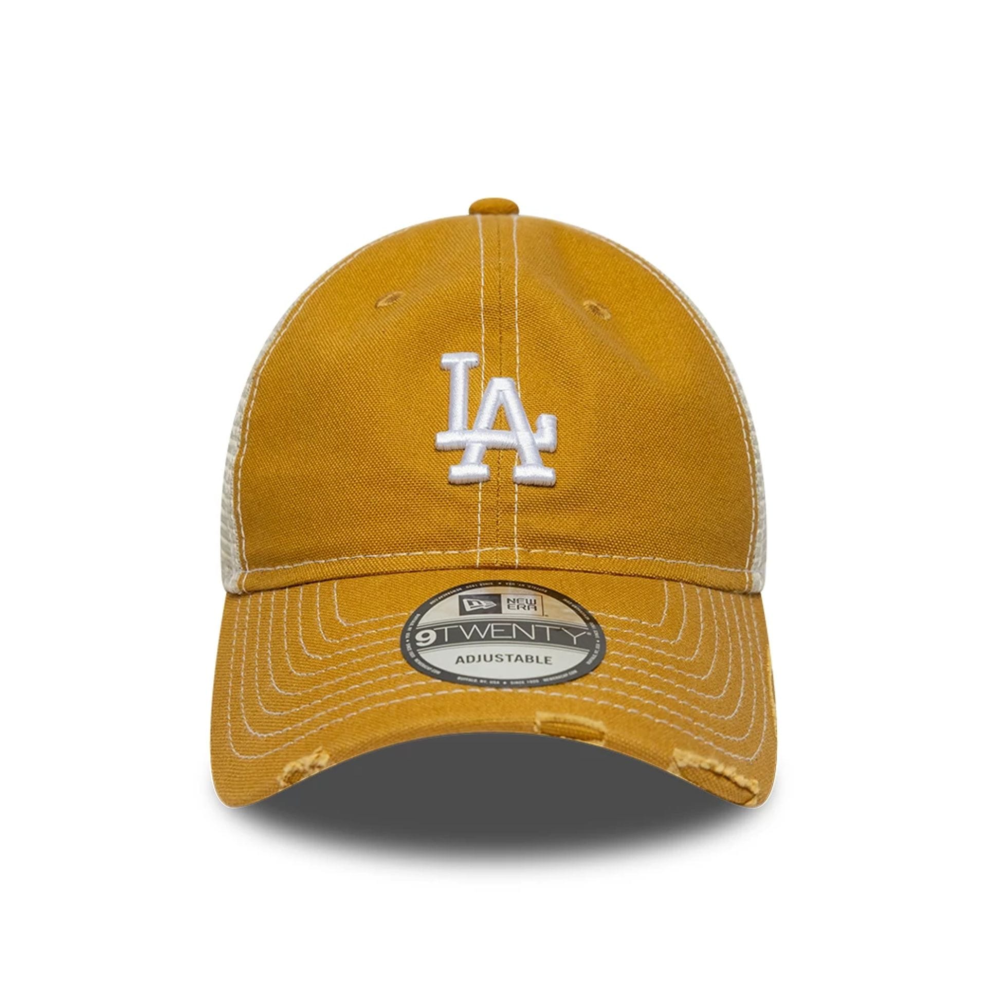 Pictured is this MLB Cotton Canvas LA Dodgers 9TWENTY Trucker cap in beige. 2