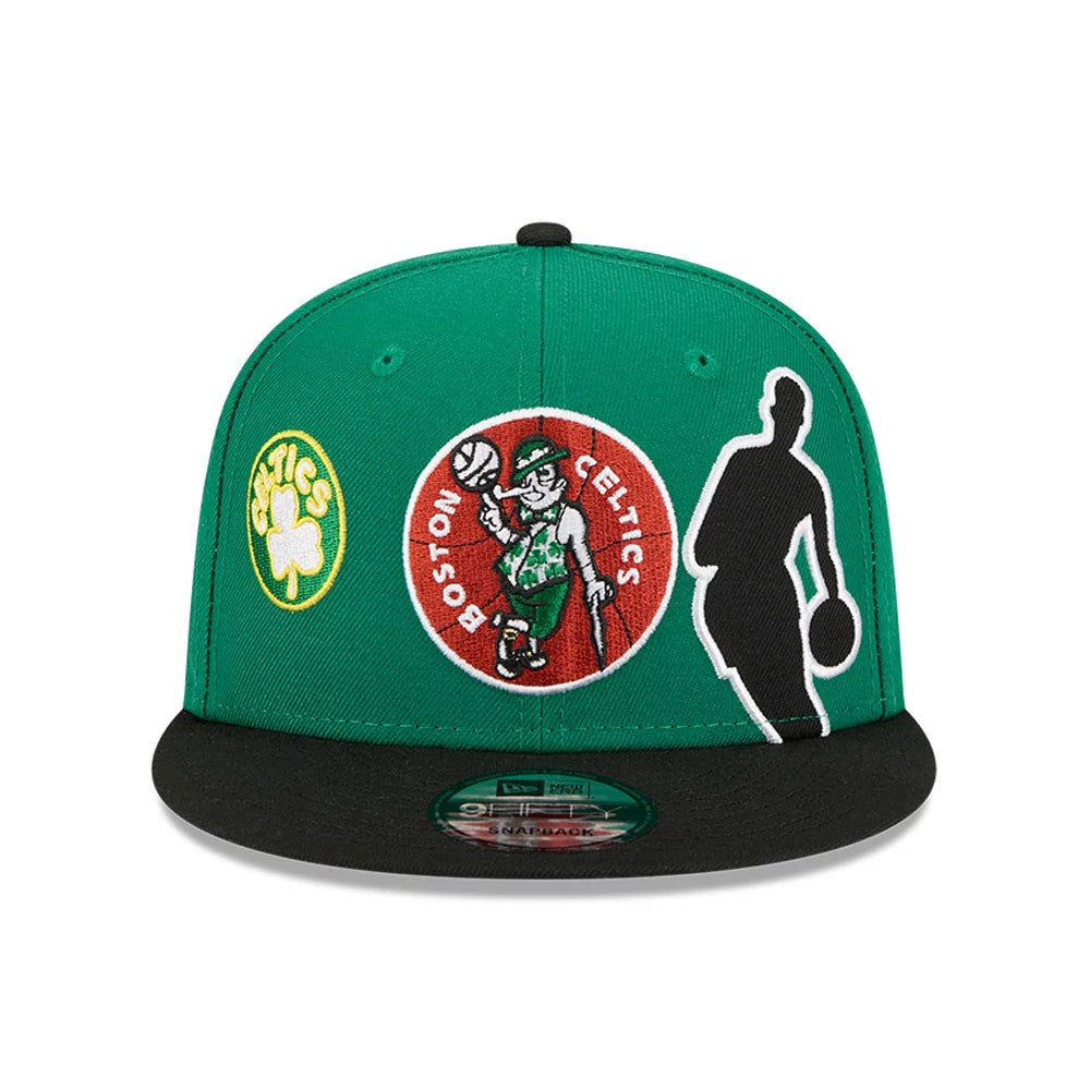 Boston Celtics NBA Hardwood Classic ASG Green New Era 9FIFTY Snapback Adjustable Cap, front view showing raised embroidered team logos on the green front panels, a black silhouette graphic on the right.