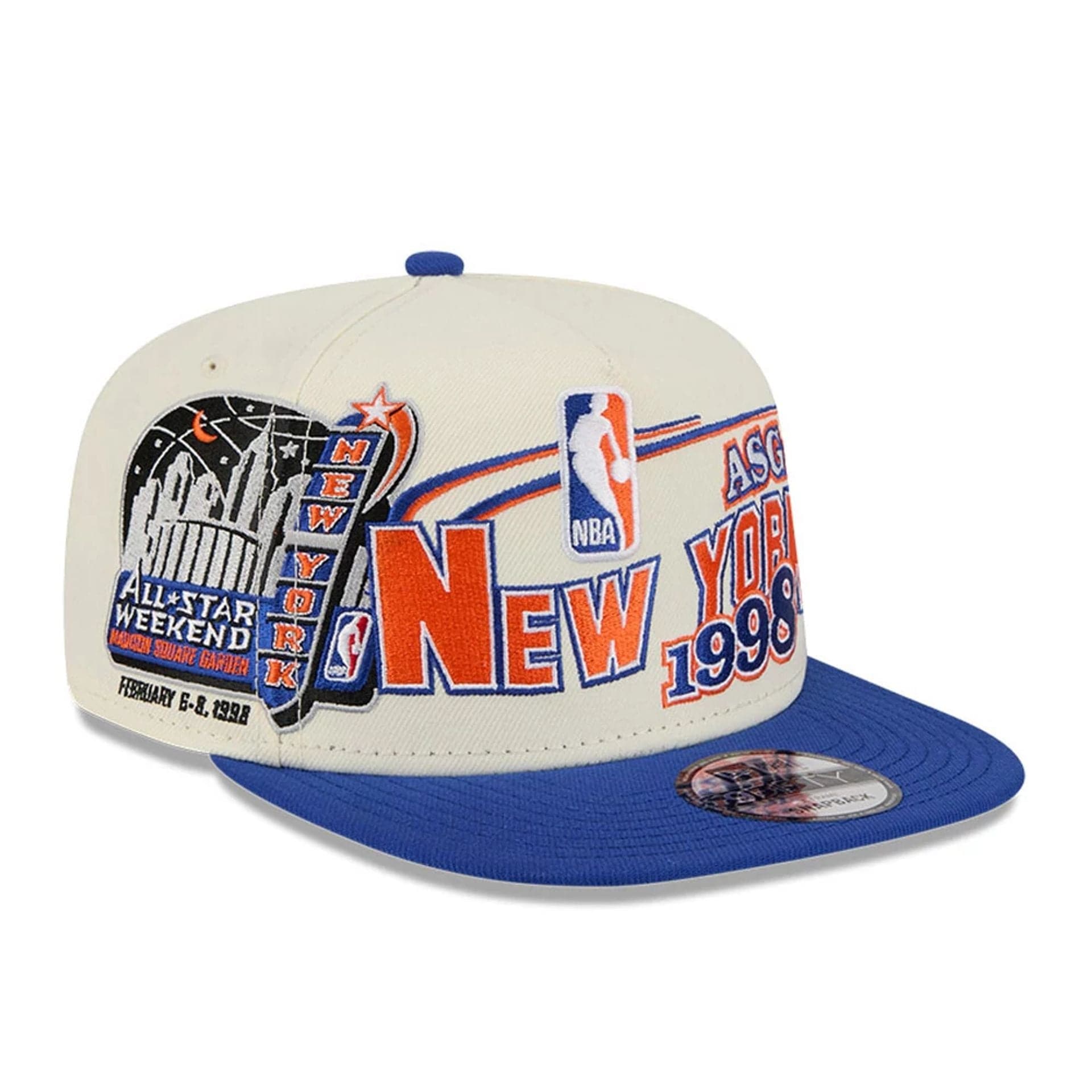 Pictured is this NBA Hardwood Classic All Star Game New York Knicks 9FIFTY A-Frame Snapback cap in white. 1