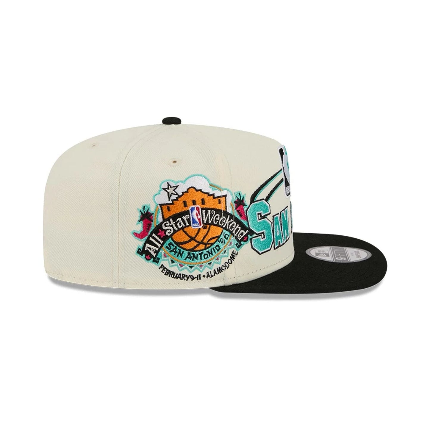 Pictured is this NBA Hardwood Classic All Star Game San Antonio Spurs 9FIFTY A-Frame Snapback cap in white. 5