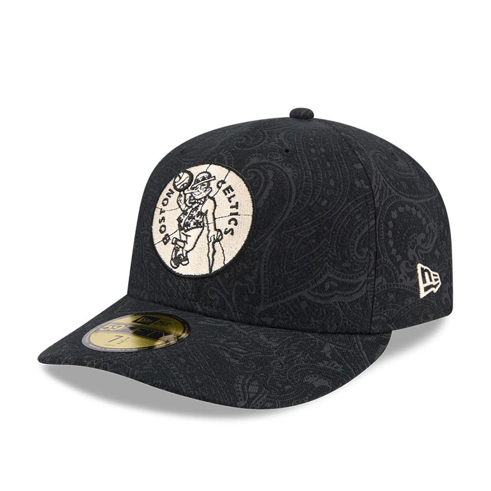 Boston Celtics NBA Brushed Cotton Black New Era 59FIFTY Fitted Cap, three-quarter view showing a raised embroidered white and black Celtics logo on the front panel, paisley pattern on the black fabric, and a gold 59FIFTY size sticker on the visor.