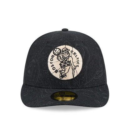 Boston Celtics NBA Brushed Cotton Black New Era 59FIFTY Fitted Cap, front view showing a textured black cap with an embroidered white circle and Celtics mascot on the front panel, featuring a flat visor and a gold 59FIFTY size sticker.