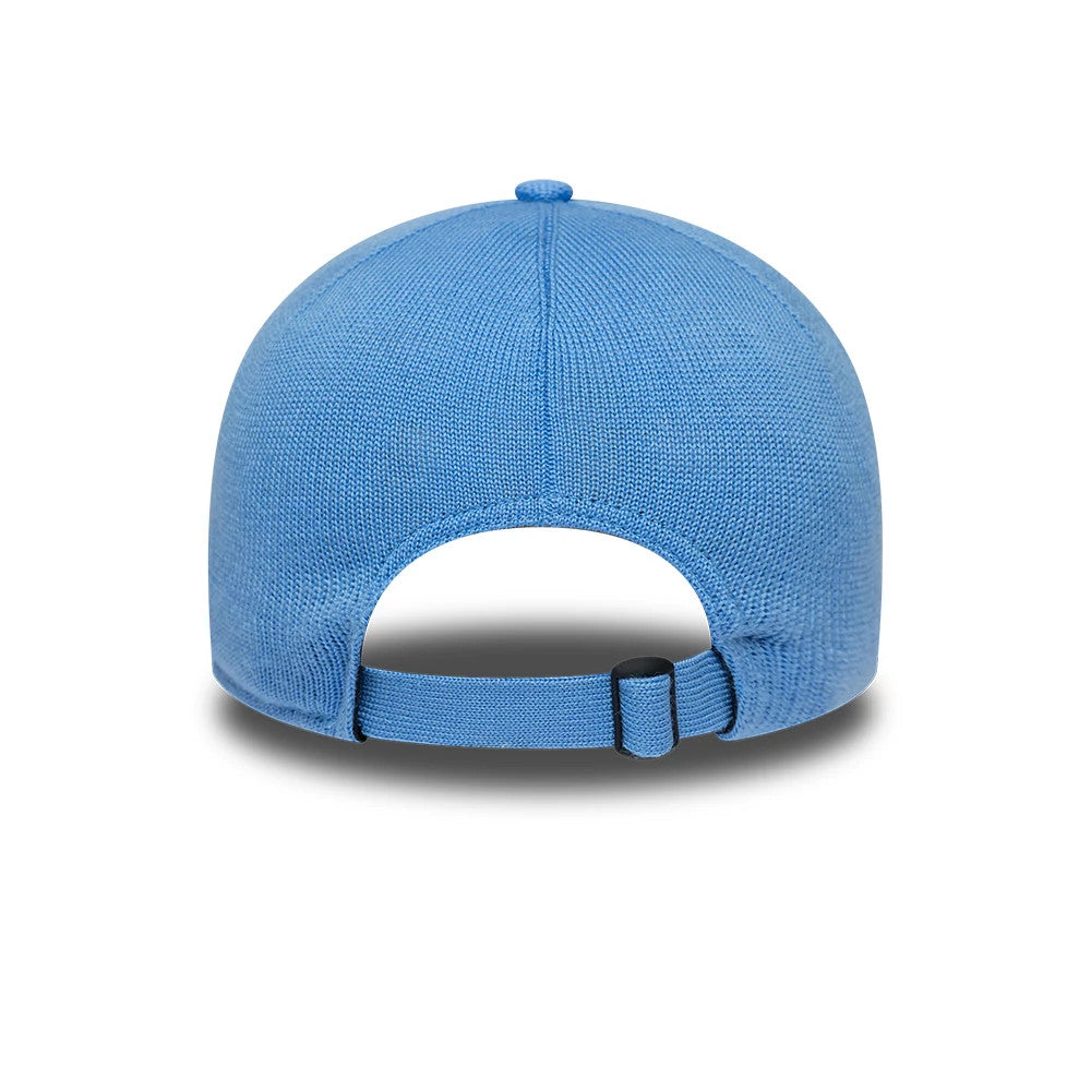 Chicago White Sox MLB Merino Wool Pastel Blue New Era 9TWENTY Adjustable Cap, rear view showing the solid pastel blue structured crown with an adjustable strap and slide buckle, featuring a seamless knit design with a matching top button.