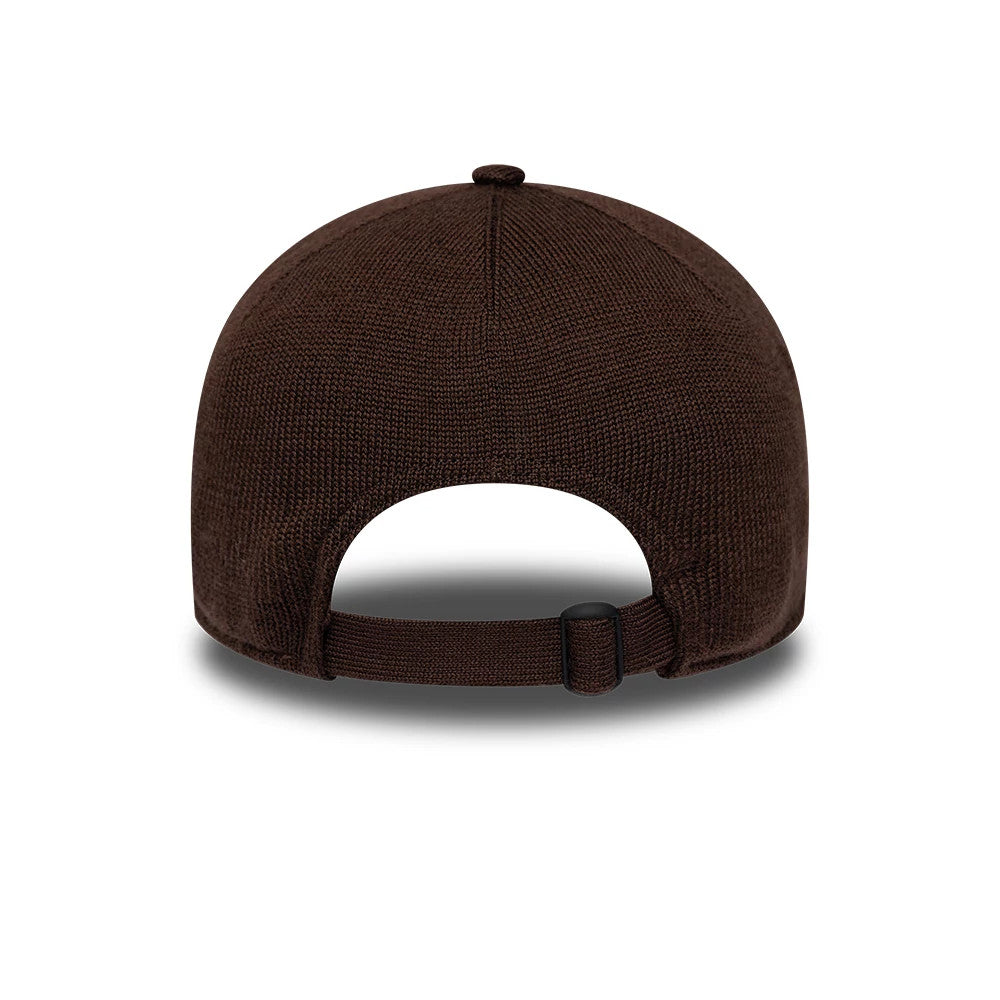 New York Yankees MLB Merino Wool Dark Brown New Era 9TWENTY Adjustable Cap, rear view showing a plain dark brown merino wool crown, a matching adjustable strap with buckle closure, and no logos or embroidery on the soft structure.