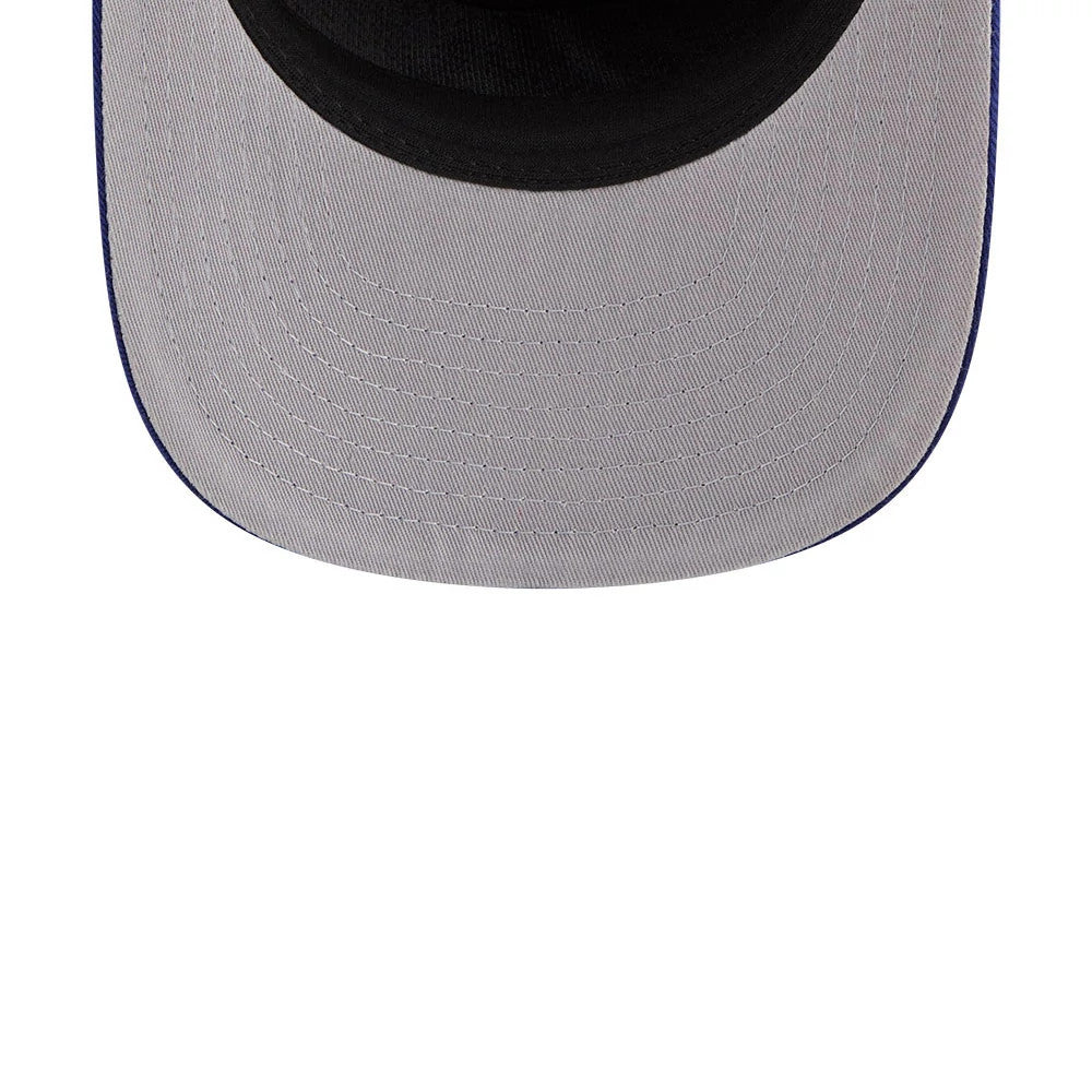 LA Dodgers MLB Nylon Black New Era 19TWENTY Adjustable Cap, inside view showing a grey undervisor with detailed stitching and a black sweatband lining the crown for comfort, featuring a curved edge design on the visor.