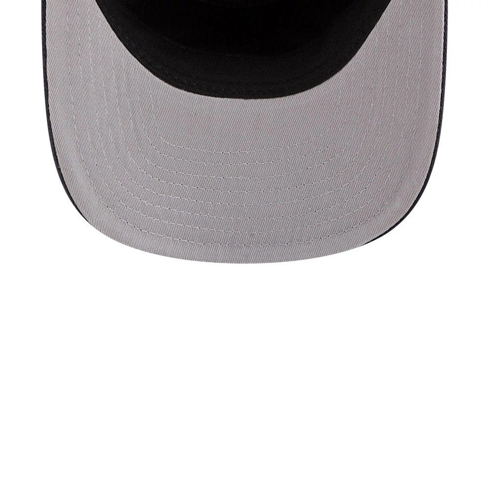 Boston Red Sox MLB Nylon Black New Era 19TWENTY Adjustable Cap, inside view showing the black sweatband and the grey undervisor with neat stitching lines across the surface, highlighting the clean design of the black cap.