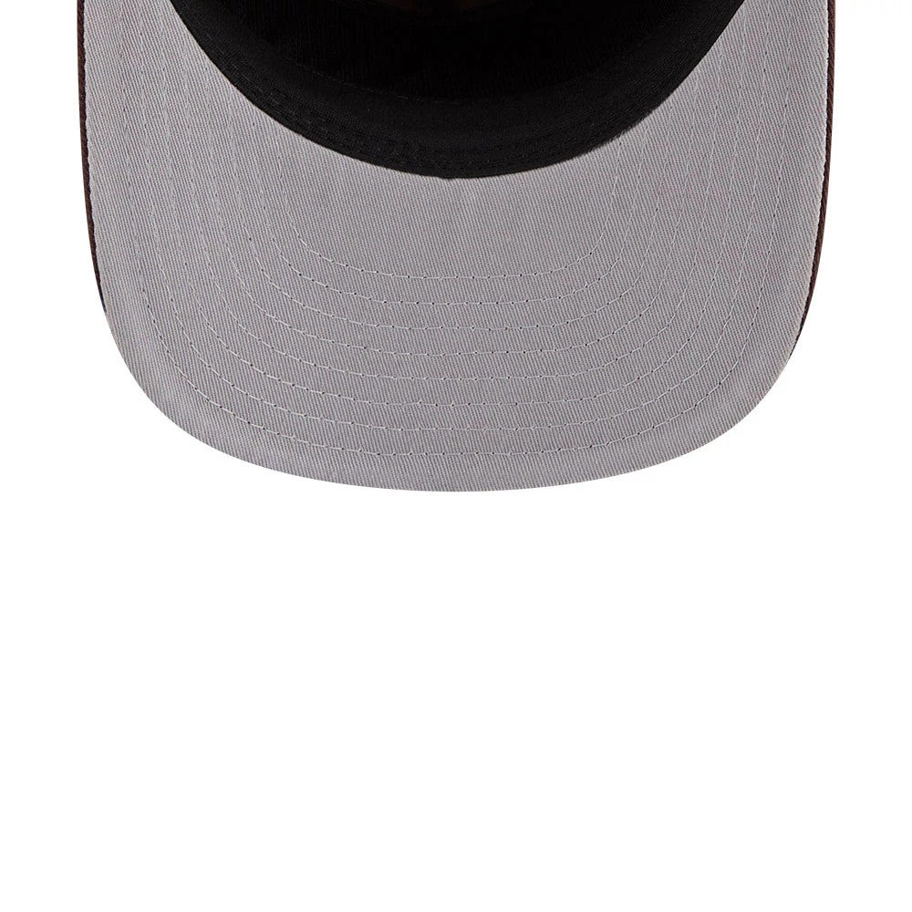 San Diego Padres MLB Nylon Black New Era 19TWENTY Adjustable Cap, inside view showing the black sweatband and black undervisor, with white stitching details on the rounded underside of the black flat visor.