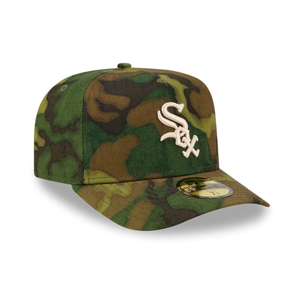 Chicago White Sox MLB Ripstop Camo New Era 59FORTY A-Frame Fitted Cap, three-quarter view showing the raised white embroidered Sox logo on the front panel, camo-patterned visor, and gold 59FORTY size sticker on the dark camouflage cap.