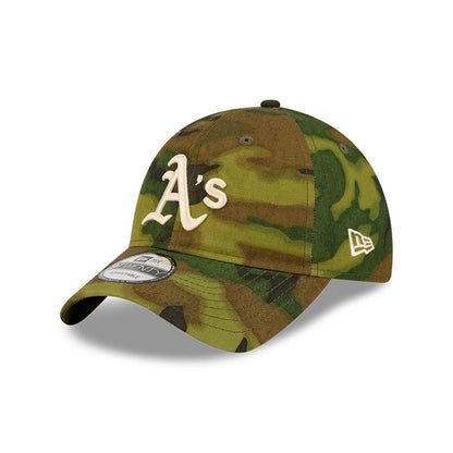 Athletics MLB Ripstop Camo New Era 9TWENTY Adjustable Cap, three-quarter view showing the white raised embroidered A's logo on the front panel, ripstop camo crown and a curved visor with a 9TWENTY size sticker.