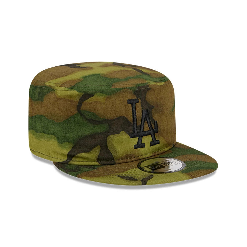 New Era LA Dodgers MLB Ripstop Camo Painter Cap, three-quarter view showing the black embroidered LA logo on the front panel, camo pattern across the cap, and New Era size sticker on the flat visor.