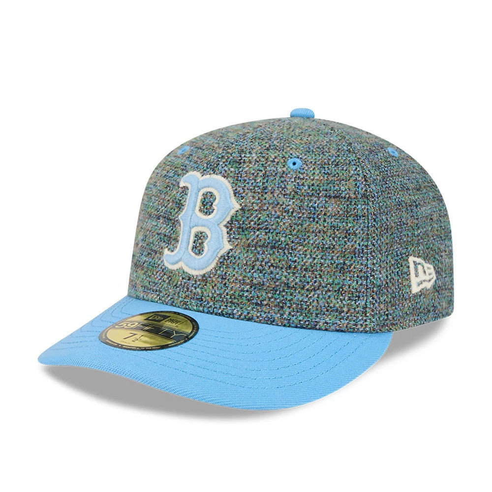 Boston Red Sox MLB Tweedy Cotton Pastel Blue New Era 59FIFTY Fitted Cap, three-quarter view showing the white embroidered B logo on the multicoloured textured crown, pastel blue flat visor, and New Era flag logo on the left side.