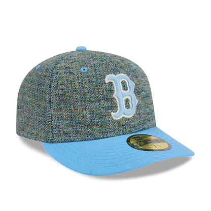 Boston Red Sox MLB Tweedy Cotton Pastel Blue New Era 59FIFTY Fitted Cap, front view showing the raised white embroidered B logo on the textured tweedy cotton crown, pastel blue visor, and a gold 59FIFTY size sticker on the visor.