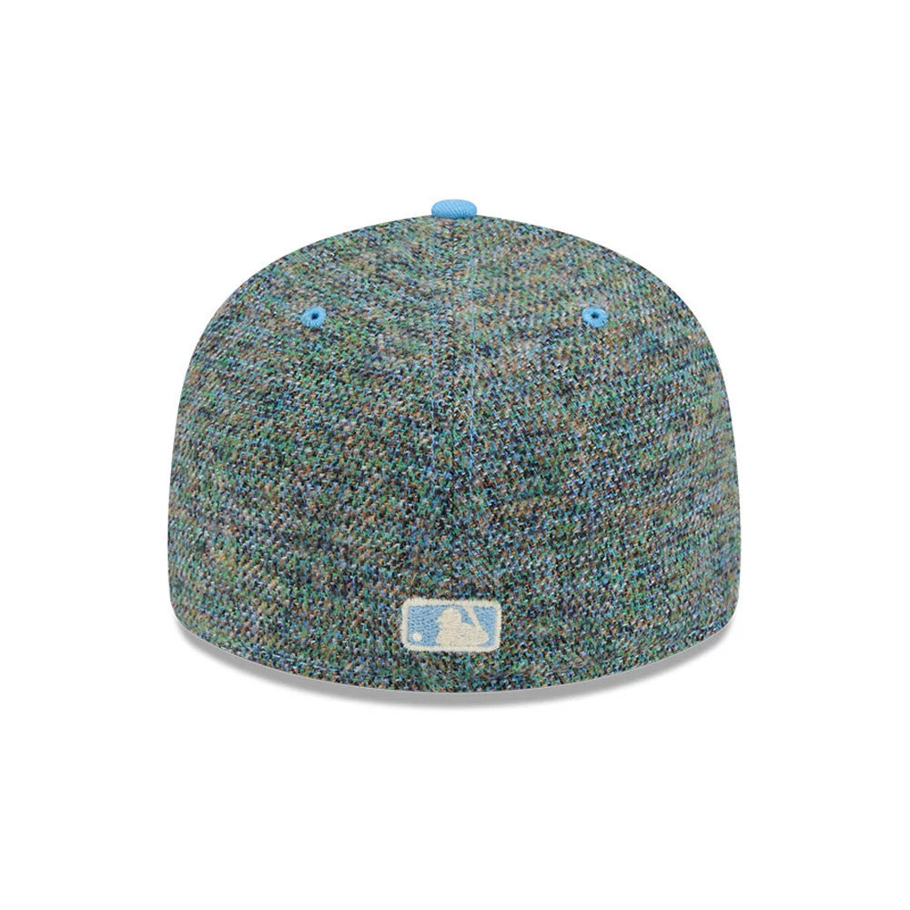Boston Red Sox MLB Tweedy Cotton Pastel Blue New Era 59FIFTY Fitted Cap, rear view showing the light blue embroidered MLB Batterman logo at the centre, with pastel blue top button and eyelets on the multicoloured tweed fabric crown.