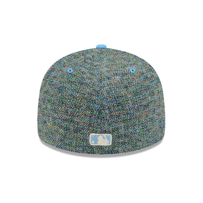 Boston Red Sox MLB Tweedy Cotton Pastel Blue New Era 59FIFTY Fitted Cap, rear view showing the light blue embroidered MLB Batterman logo at the centre, with pastel blue top button and eyelets on the multicoloured tweed fabric crown.