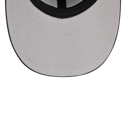 LA Dodgers MLB Tweedy Cotton Black New Era 59FIFTY Fitted Cap, inside view showing the light grey undervisor with detailed stitching, black sweatband running along the interior edge, and white taping across the panel seams.